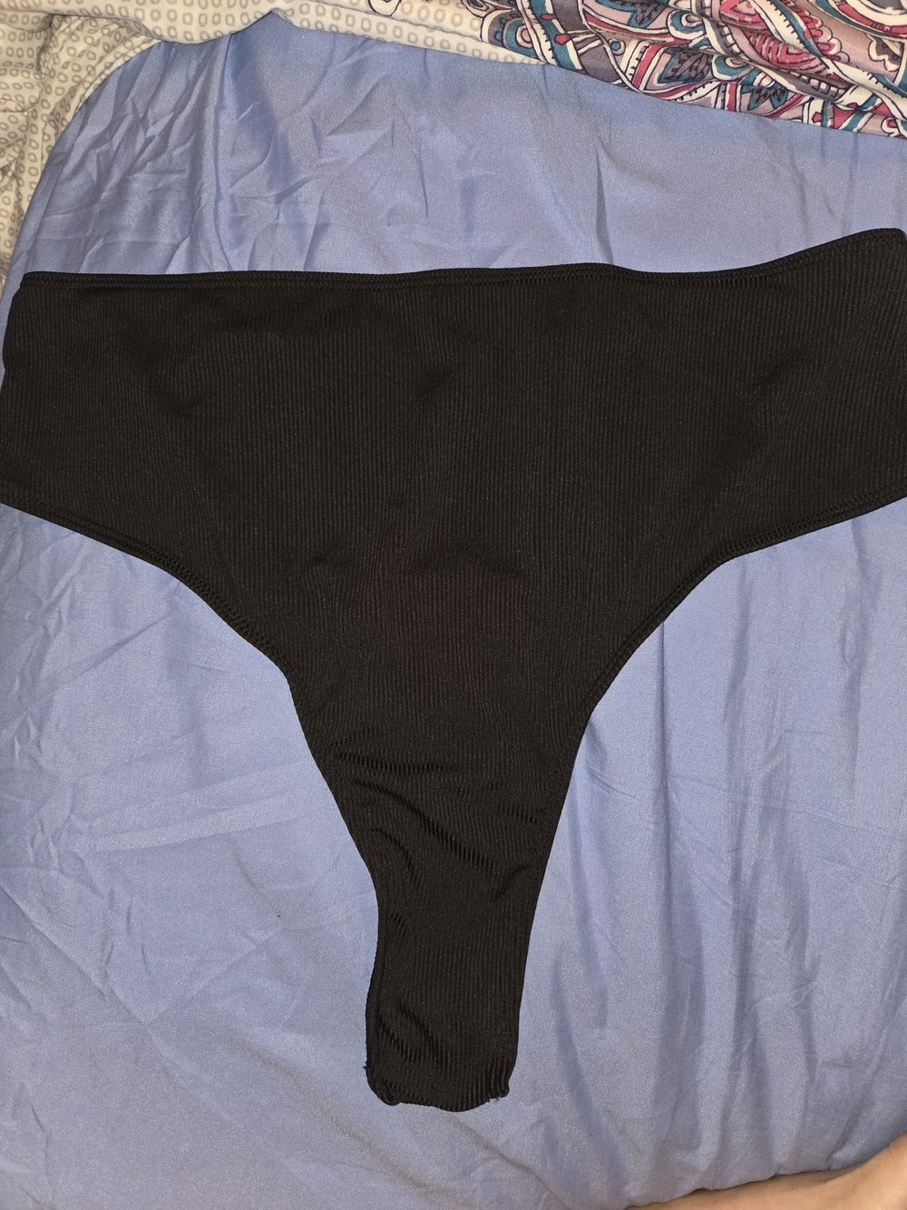 SHEIN Black Ribbed High-Cut Bikinki Thong  Bottom